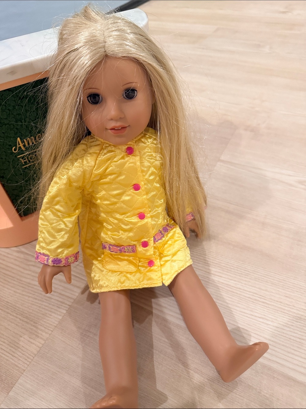 American Girl Blonde Doll in Yellow Coat with Pink Accents